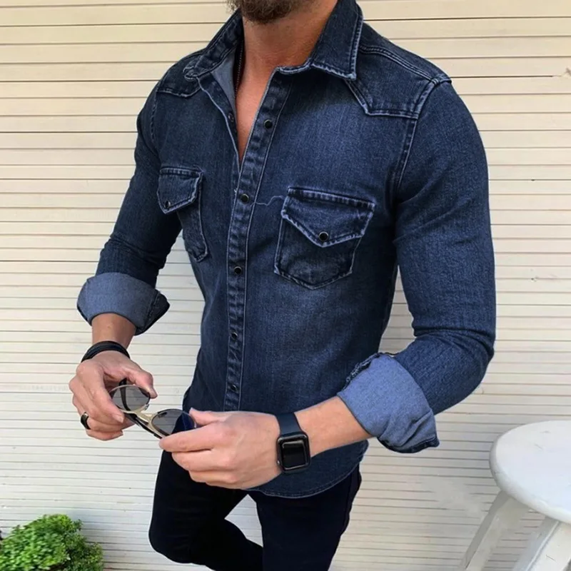 CYSINCOS модная мужская джинсовая рубашка с длинным рукавом плюс размер хлопок Джинсы Кардиган Повседневная приталенная рубашка два кармана Топы Одежда