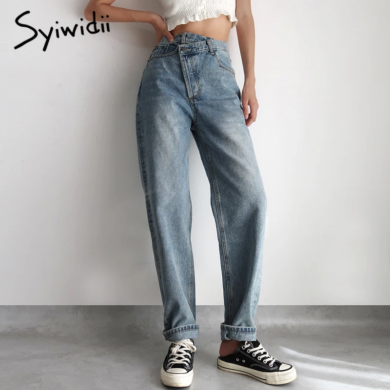 Irregular-Jeans Denim Pants Vintage Streetwear Syiwidii High-Waist Women Fashion-Spring