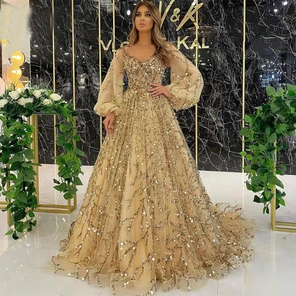 Luxury Gold Sequins Beading Prom Dresses Puff Sleeves A-line Evening Dress Muslim Women Party Formal Gowns Dubai Robe De Soiree yellow prom dresses