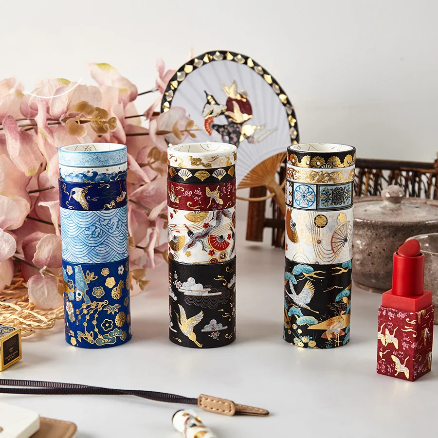 

5pcs Gilding Crane Washi Tape Set Gold Color Flower Ins Style Adhesive Masking Tapes Sticker Decoration for Album Lipstick F313