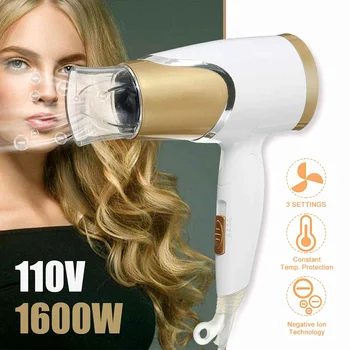 

1600W Mini Foldable Hair Dryer Blower Travel Household Negative Ionic Electric Hair Blower Dryer Hot Cool Wind US Plug AC 110V