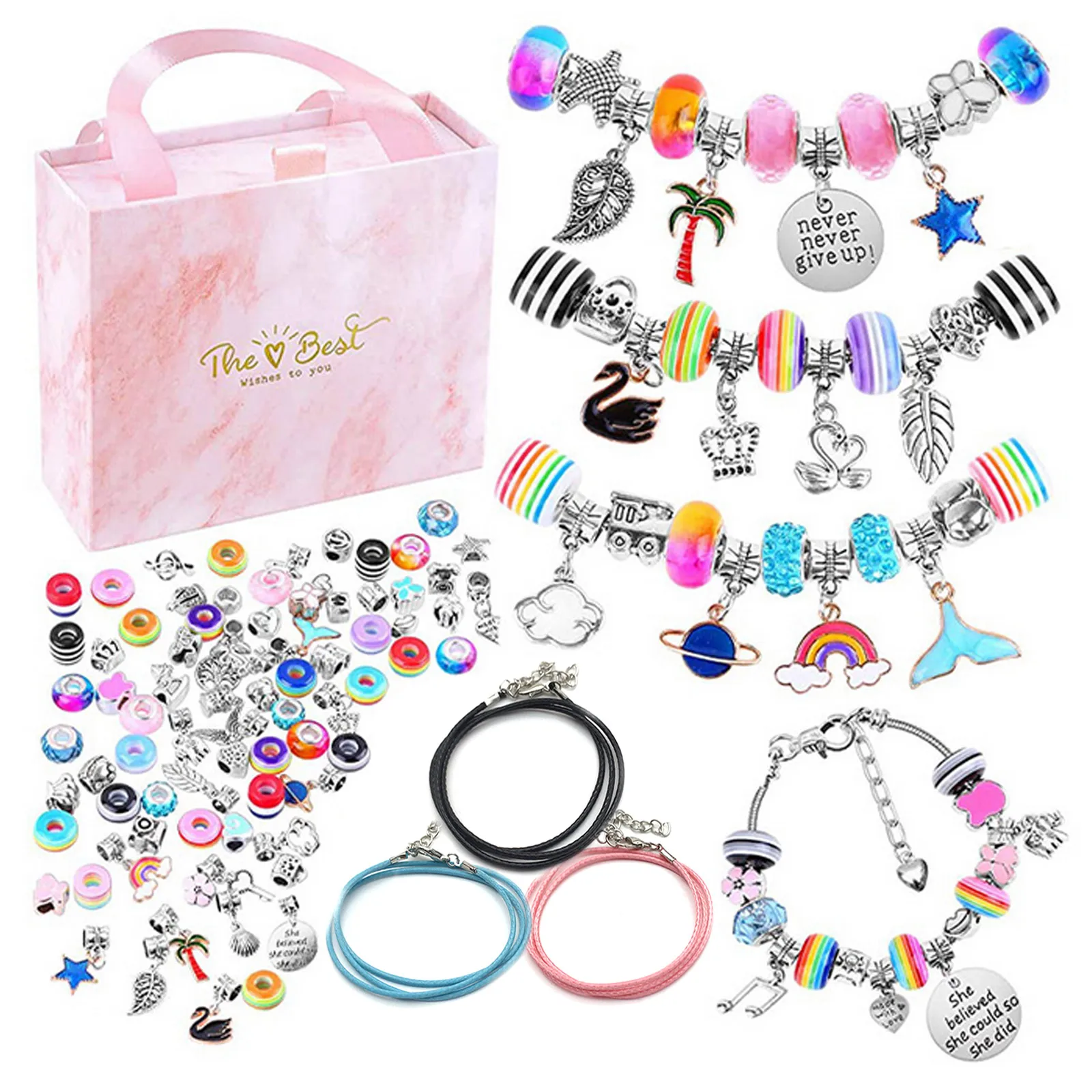 92 PCS DIY Charm Bracelet Necklaces Jewelry Making Kit with Pink Gift Box  for Girls Valentines Birthday Christmas Gift Free Ship