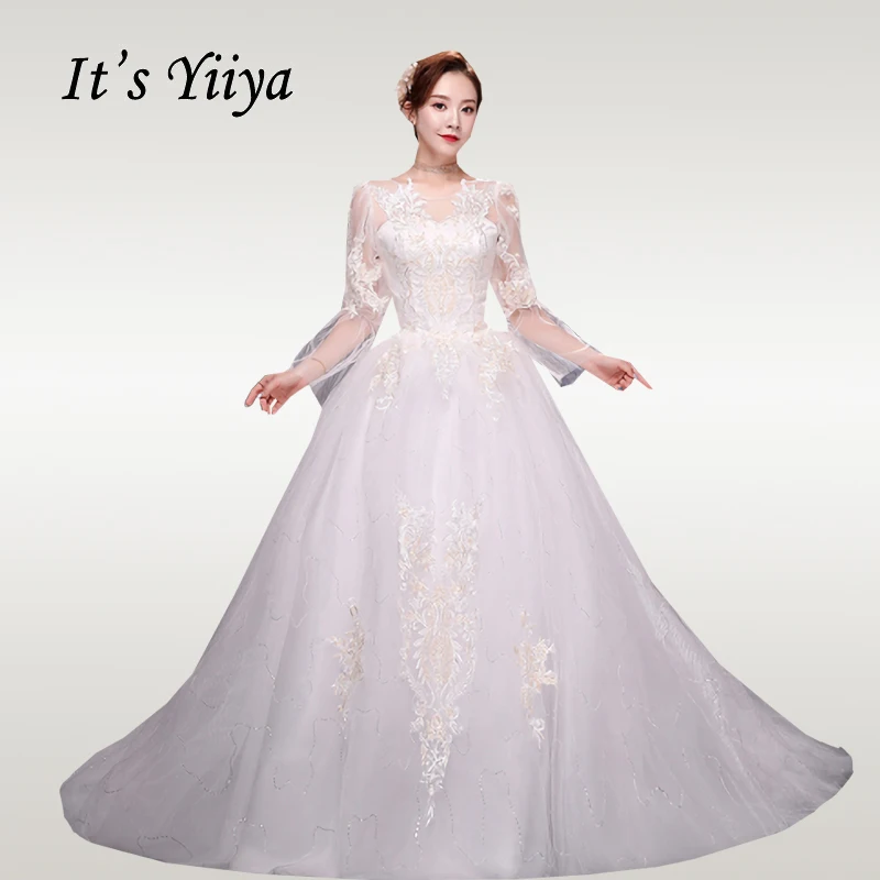 

It's YiiYa Wedding Dresses Long Sleeve O-neck Wedding Dress Plus Size For Women Lace Elegant Vestido de novia 2020 XXN241