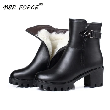 

MBR FORCE Black fashion boots women's winter winter leather snow boots high-heeled luxury wool boots women Wool warm girl's shoe