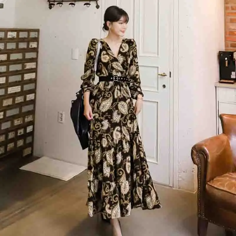 

2019 Spring Fashion Designer Party Maxi Dress Women Long Sleeve V-Neck Vintage Print Elegant Long Dress With Belt Vestidos