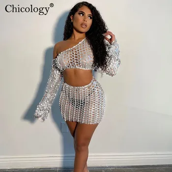 

Chicology Hole Y2K Fashion One Shoulder Two 2 Piece Set Long Sleeve Crop Top Skirt Women Autumn Winter Sexy Club Clothes Putfits