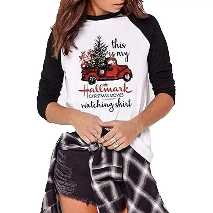 Горячая Распродажа, модные футболки с круглым вырезом и надписью This Is My Hallmark Christmas Movies Watching, футболки с машинками, рождественские женские футболки - Цвет: Черный