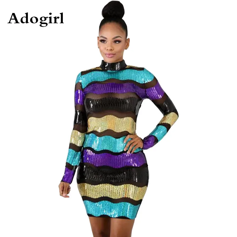 

Adogirl Colorful Stripe Sequined Sheer Mesh Bodycon Dress Turtleneck Neck Long Sleeve Sheath Night Club Party Christmas Dress