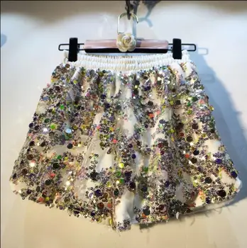 

Harajuku Shorts European Streetwear 2020 Summer New Heavy Beaded Sequin Elastic Waist Loose Wide-Leg Pants Casual Shorts White