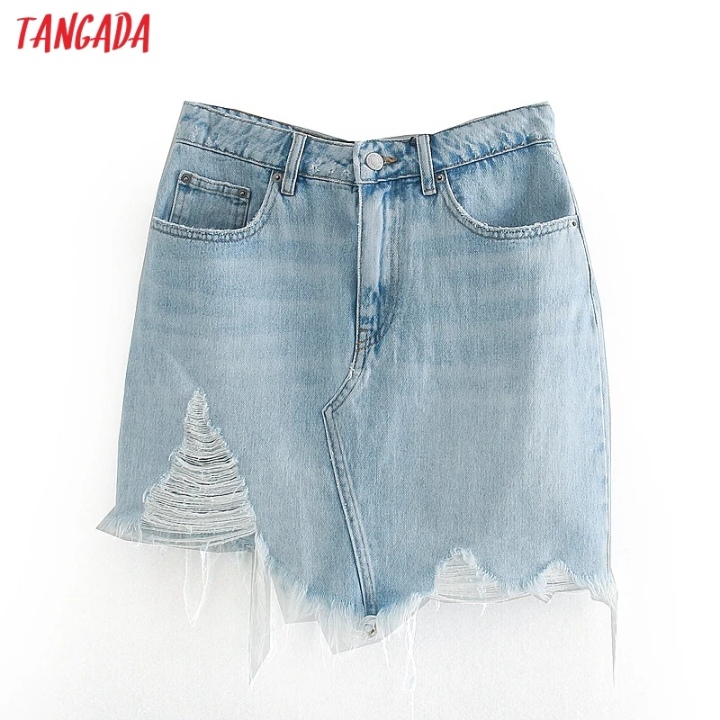 Tangada women blue denim Ripped skirts high waist summer female mini skirt ladies 3L71