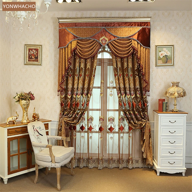 

Custom curtains luxury Thick chenille embroidered curtain modern European cloth blackout curtain tulle valance drape B869