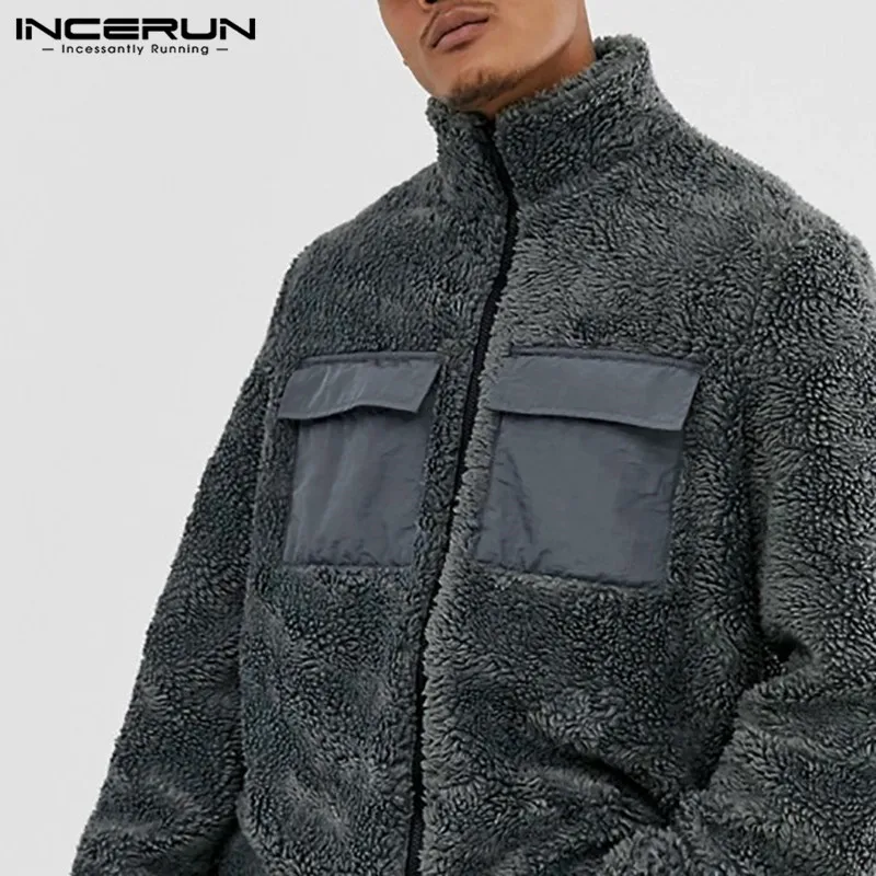 INCERUN/Новинка зимы; модные мужские однотонные флисовые куртки на молнии; Мешковатые повседневные теплые куртки с большими карманами для пилотов; мужская верхняя одежда; Abrigos