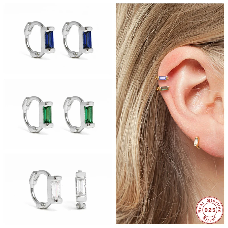 Aide 925 Sterling Silver Rectangle Colorful Zircon 6mm Huggie Earrings Mini Circle Second Hole Cartilage Earring Hoops Jewelry