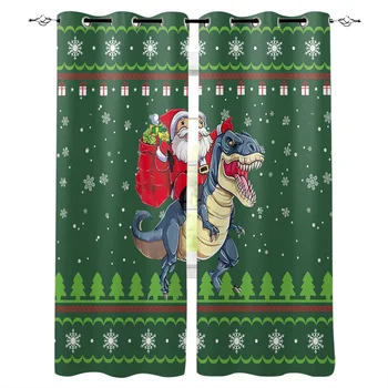 

Christmas Dinosaur Santa Claus Green Window Curtains Home Decor Bedroom Kitchen Curtain Panel Curtains for Living Room