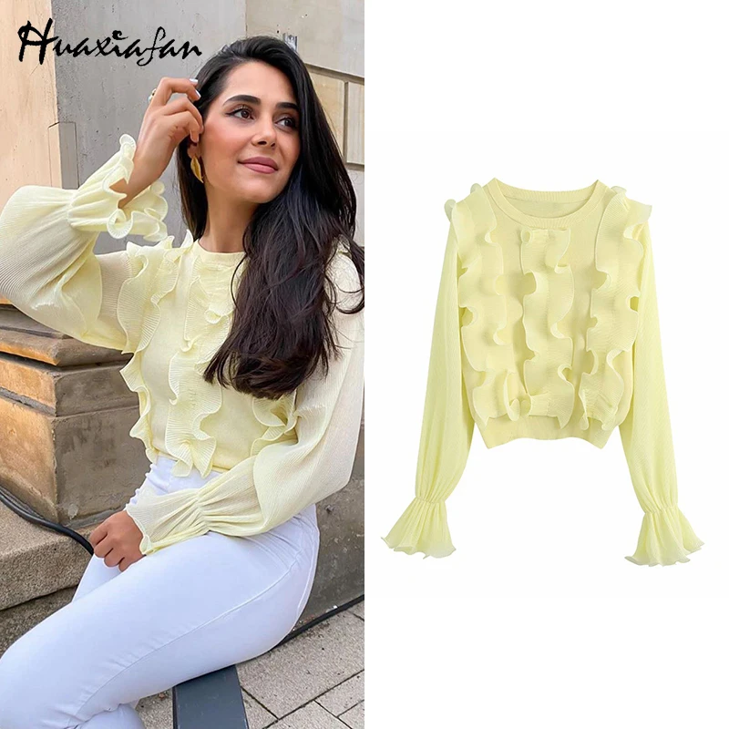 

Huaxiafan Elegant Transparent Ruffled Mujer Suéteres Vintage Flared Sleeve Patchwork Chiffon Knitted Woman Sweaters Pull Femme