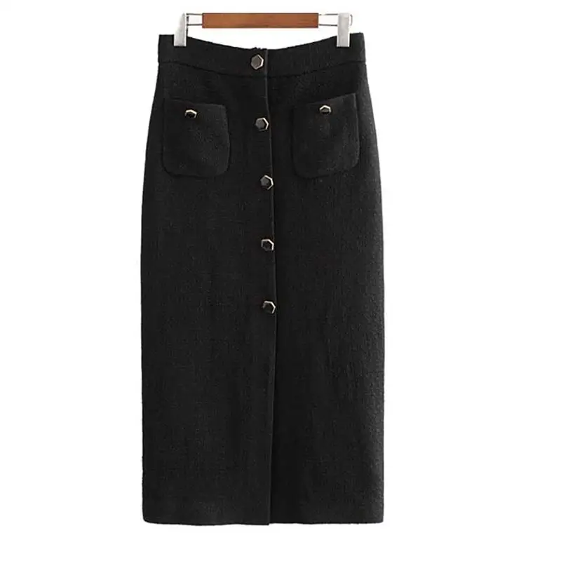 

Women Stylish Tweed Midi Skirts Split High Waist Buttons Decorate Female Retro Casual Skirts Autumn And Winter Skirts