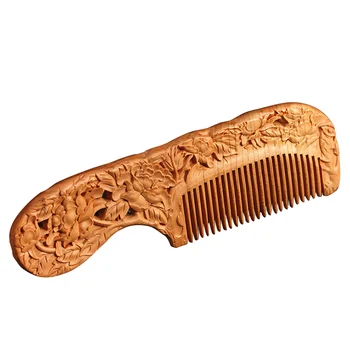 

Long Natural Peachwood Gift Massage Hair Brush Anti Static Health Care Flower Embossing Wood Comb Portable Double Sided Smooth