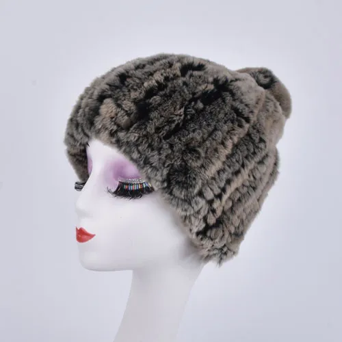 Real rex rabbit fur hat women winter knitted fur beanies cap with fur pom poms new thick female cap Elastic Soft warm - Цвет: color 1