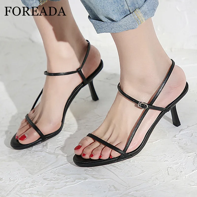 

FOREADA Sandals Natural Genuine Leather Woman Shoes Buckle Strap Thin High Heels Narrow Band Open Toe Lady Sandals Red Size 3-12