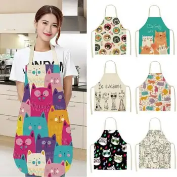 

Cotton Linen Kitchen Apron Cute Cat Animal Printed Washable Sleeveless Aprons