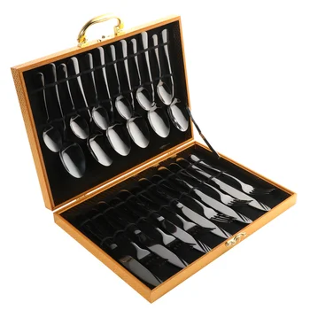 

24PCS/Set Stainless Steel Tableware Wooden Box Western Dinnerware Knife Spoon Fork Cutlery Supplies (Black)