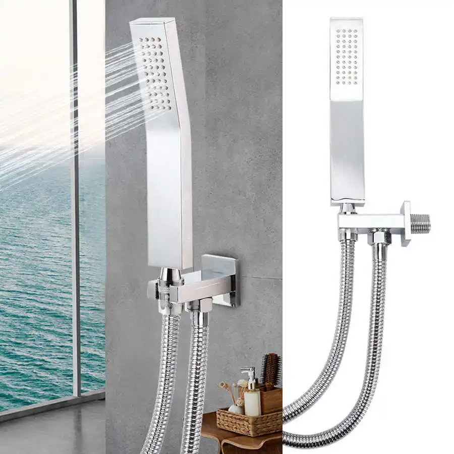 

G1/2 Thread Pressurized Shower Head Wall Mount Copper Square Concealed Hand Shower with Hose & Bracket Set Rainfall Spray Nozzle