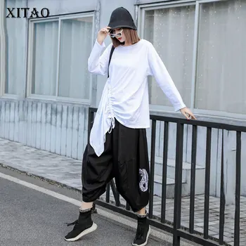 

XITAO Two Piece Set Women Fashion 2020 Spring Irregular Pleated Top 2020 Spring Elegant Embroidery Pleated Loose Pants XJ3582