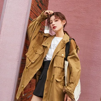 

Women Vintage Loose Big pocket Waist Lace up Mesh Patchwork Windbreaker Coats Spring Single-breasted casual Tooling Trench coat
