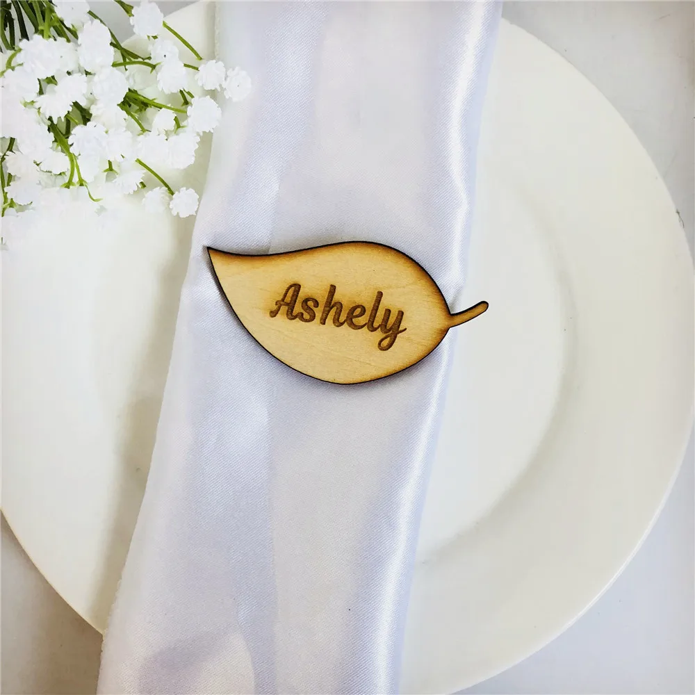 50pcs/lot Personalized Wedding Place Name Wooden Tag Unique Custom Leaf Party Name Sign Wedding Favor Party Accessory Supplies