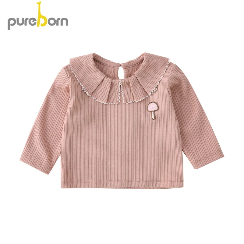 Pureborn/блузка для маленьких девочек с оборками и воротником; рубашки для девочек; одежда для маленьких девочек с рисунком гриба; топы на весну и осень - Цвет: Pink