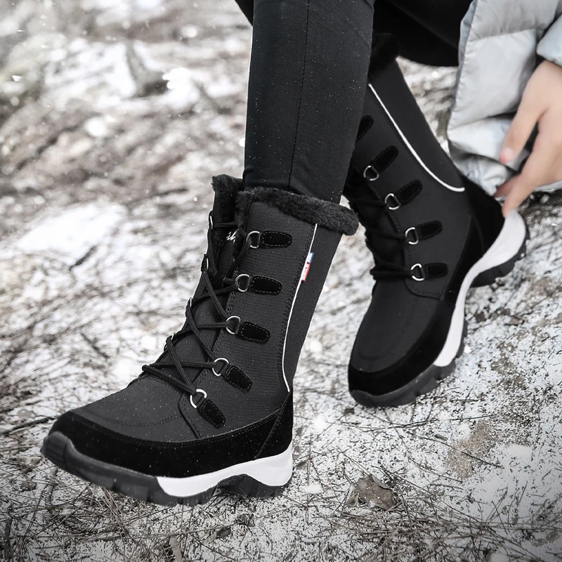 Женская уличная прогулочная обувь с высоким берцем на меху; Теплые повседневные зимние ботинки; нескользящая прочная удобная женская зимняя обувь без каблука