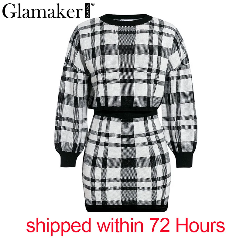 Черный Glamaker, клетчатый вязаный костюм из двух частей, сексуальное осеннее платье, женское Элегантное зимнее платье-свитер, сексуальные женские модные вечерние короткие платья - Цвет: Черный