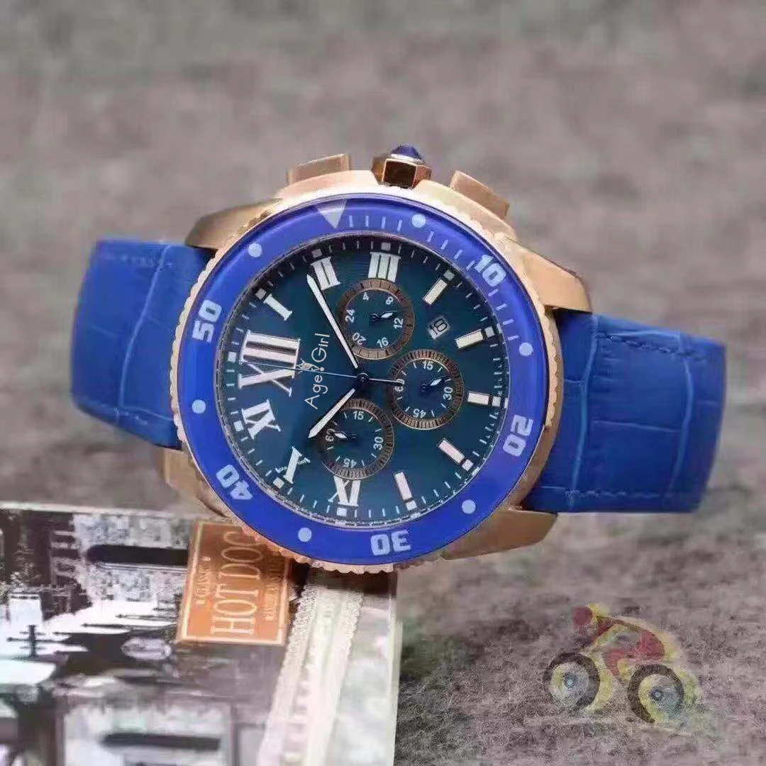 

Luxury Brand New Men Watch Chronograph Stopwatch Stainless Steel Sapphire Ceramic BLue Rose Gold Black Leather Watch Calendar