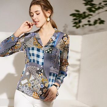

100% Silk Blouse Women Shirt Plus Size Printed Elegant Simple Design Long Sleeves Casual Top Graceful Style New Fashion