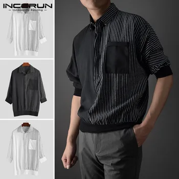 

INCERUN Fashion Striped Patchwork Shirt Men Lapel Pockets 2020 Casual Streetwear Half Sleeve Shirts Men Tops Loose Camisa S-5XL