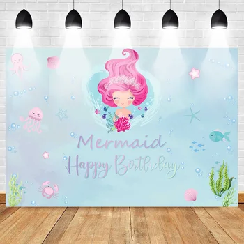 

Necback Mermaid Backdrop Happy Birthday Photo Background Party Banner Props Cartoon Backdrop for Photography Underwater