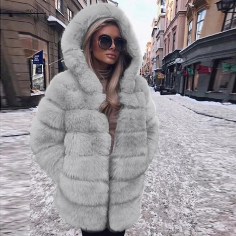 

Women Large Sizes Loose Coats Jackets Cotton Warm Luxury Fake Faux Fur Big Hooded Thicken Winter Female Outerwear