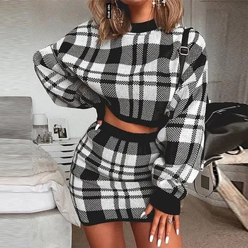 

2019 Plaid Knitted Dress Women Casual O-Neck Pullover Sweater Dress Female Two Piece Suit Sexy Dress Autumn Winter Sweater Dress
