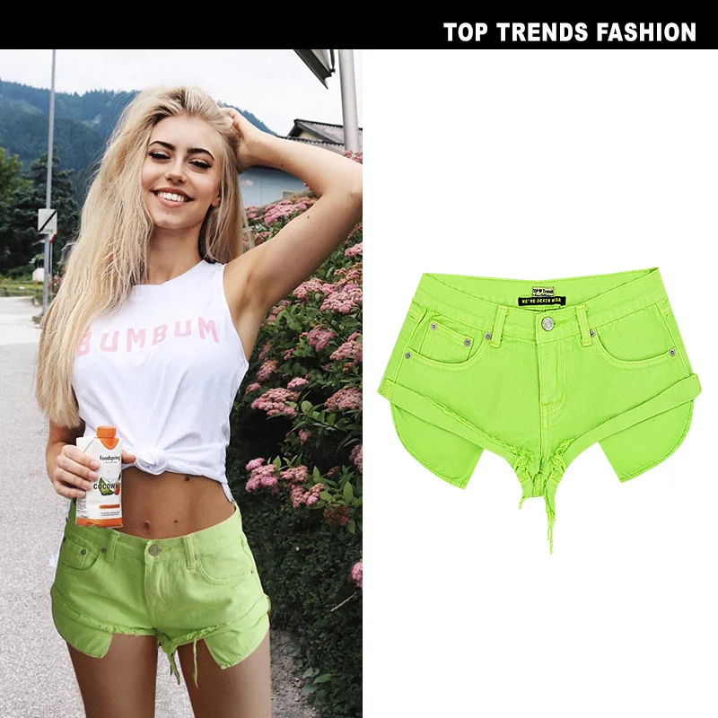 Sexy Casual Summer Green Long Pockets Jeans Shorts Women Fashion Low Waist Tassel Ripped Denim Shorts New Solid Color Hot Short (14)