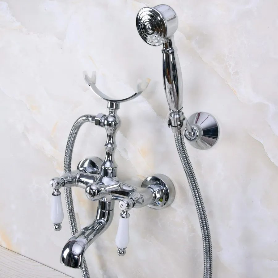 Wall Mounted Bathtub Faucet Double Handle Polished Chrome Mixer