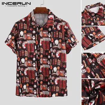 

Men Printed Shirts Casual Short Sleeve Lapel Shirt Chinese Style Vintage Printing Tops Man Loose Button Holiday Blouse Plus Size