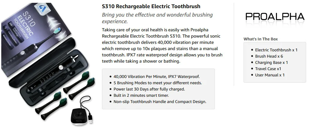 Sonic Electric Toothbrushes for travel Proalpha with Timer 5 Modes waterproof Rechargeable Whitening Adults Tooth brush with box