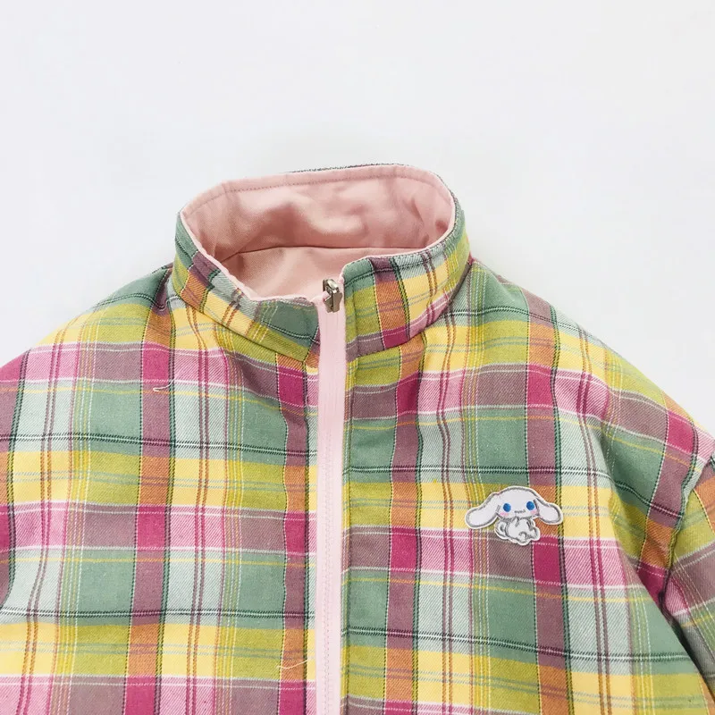 Winter New Preppy Style Rabbit Embroidery Powder Plaid Jacket On Both Sides Wearing Thick Warm Jacket Autumn Women's Cotton Coat