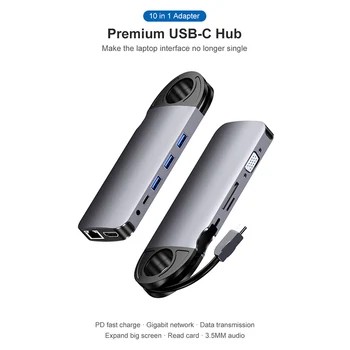 

10 In 1 USB Hub For MacBook USB C To HDMI/VGA/RJ45 Adapter Type-c USB 3.0 Hub PC Mobile Phone Docking Station Easy to carry
