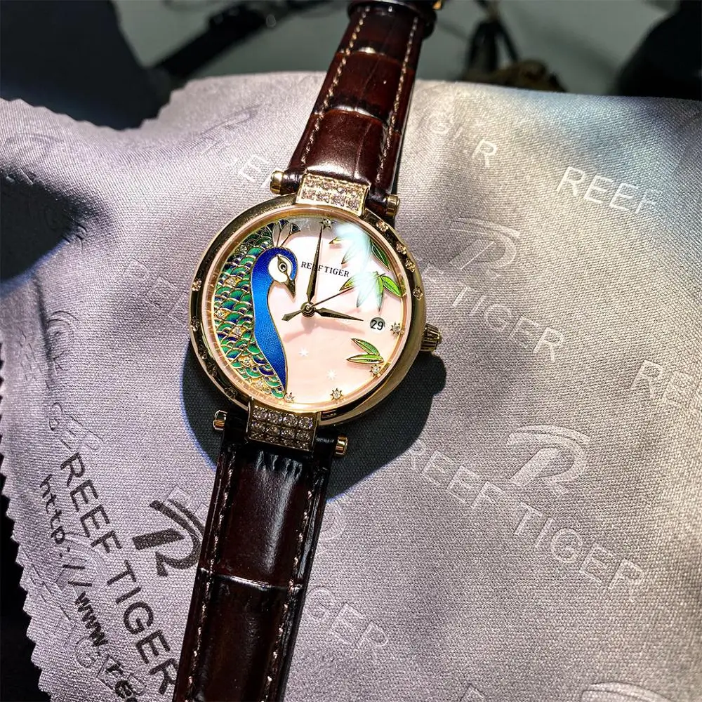 

Reef Tiger / RT 2020 Top Brand Gold Rose Luxury Automatic Day Date Watch Fashion Ladies Leather Strap Watch RGA1587