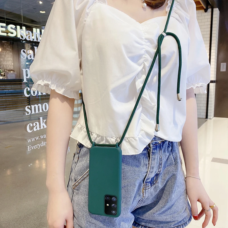Solid Color Lanyard Strap Cord Rope Phone Case For Samsung A52 A72 A32 A12 5G A51 A71 A41 M60S M80S A81 A91 Soft Silicone Cover samsung silicone cover