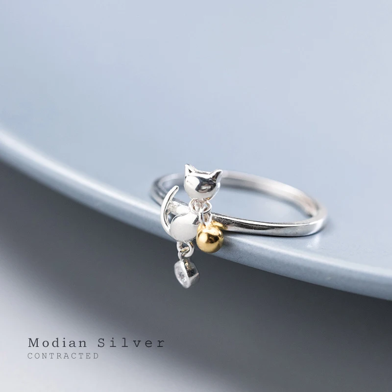 

Modian New Shiny Zircon Lovely Bell Cat Open Adjustable Finger Ring for Women Gift 925 Sterling Silver Lucky Ring Fine Jewelry