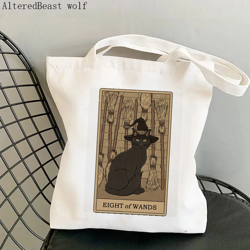Women Shopper bag King of Swords  cat Tarot Printed Bag Harajuku Shopping Canvas Shopper Bag girl handbag Tote Shoulder Lady Bag