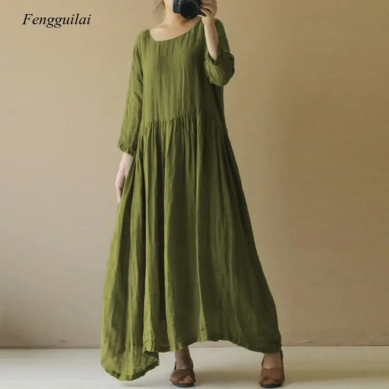 

Women Vintage Maxi Dress 2021 Spring Summer Long Sleeve Casual Loose Long Shirt Dresses Pleated Vestidos