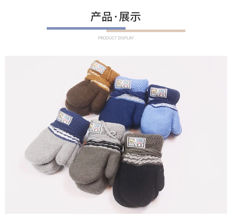 Новые детские вязаные перчатки на зиму: однотонные, с двойной волнистой текстурой, с надписью OK, плюшевые, утепленные, двухслойные с ремешком a